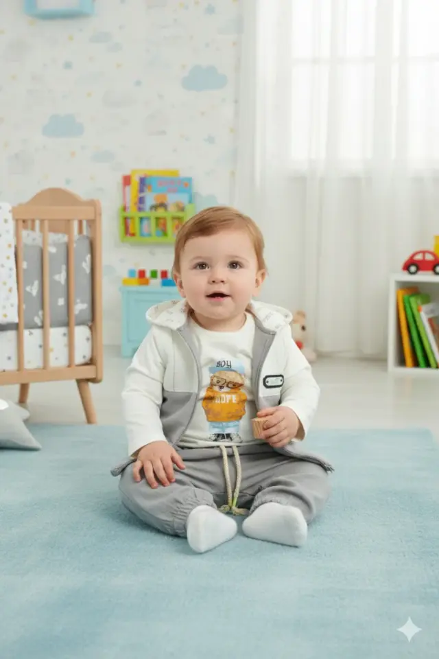 Erkek Bebek Gri Mont ve Jogger Pantolon 3'lü Takım (9-12-18 Ay) Seri - 1083-Gri
