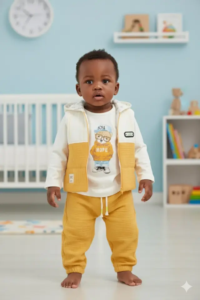 Erkek Bebek Hardal Sarı Mont ve Jogger Pantolon 3'lü Takım (9-12-18 Ay) Seri - 1083-Hardal Sarı