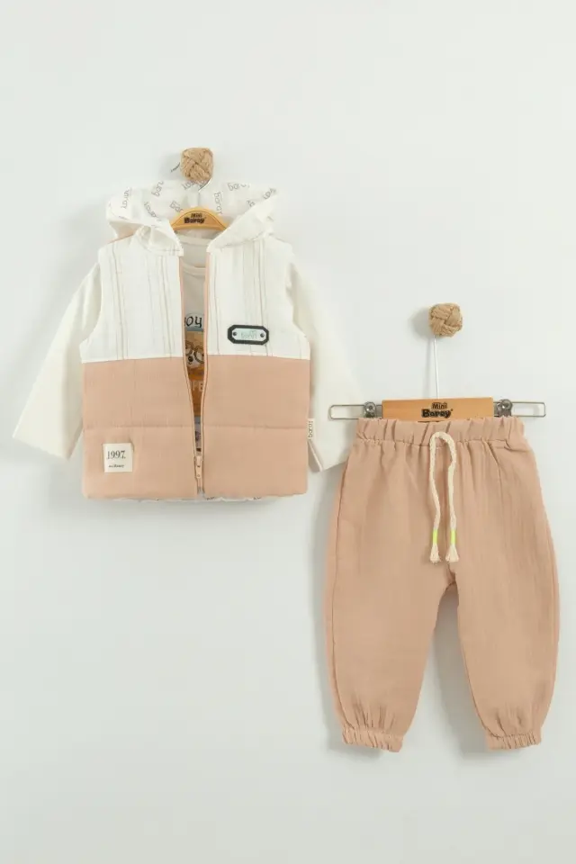 Erkek Bebek Bej Mont ve Jogger Pantolon 3'lü Takım (9-12-18 Ay) Seri - 1083-Bej