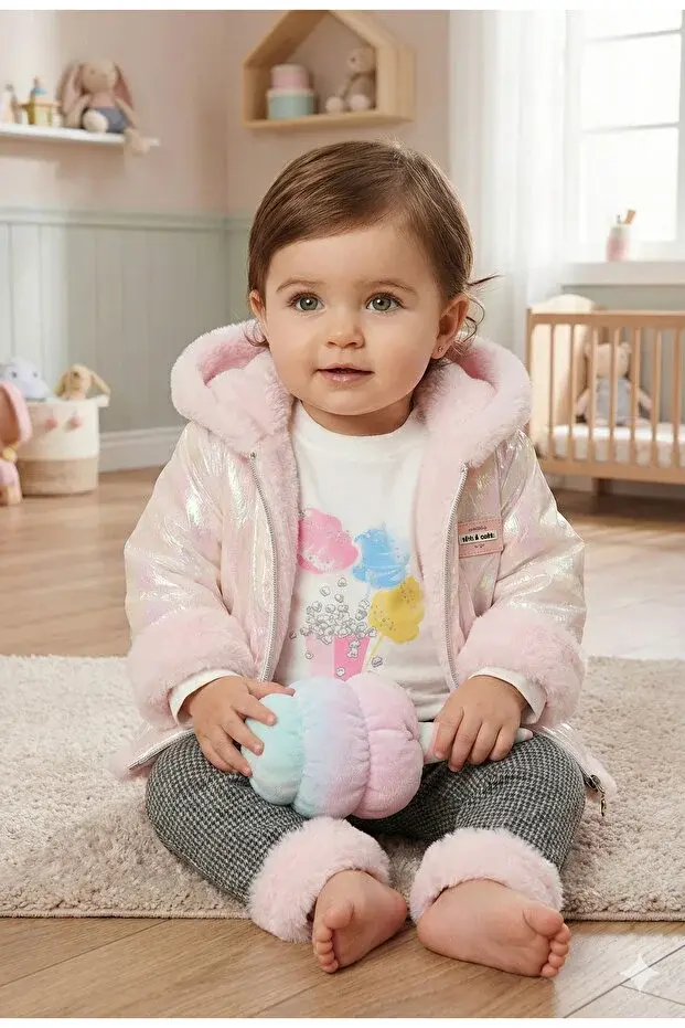 Kız Bebek Baskılı Sweatshirt, Pantolon ve Ceket 3'lü Takım (9-12-18 Ay) Seri -1019-Pembe