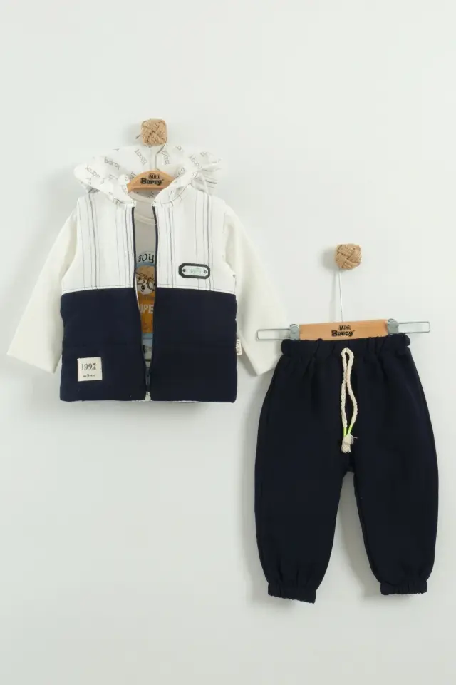 Erkek Bebek Lacivert Mont ve Jogger Pantolon 3'lü Takım (9-12-18 Ay) Seri - 1083-Lacivert