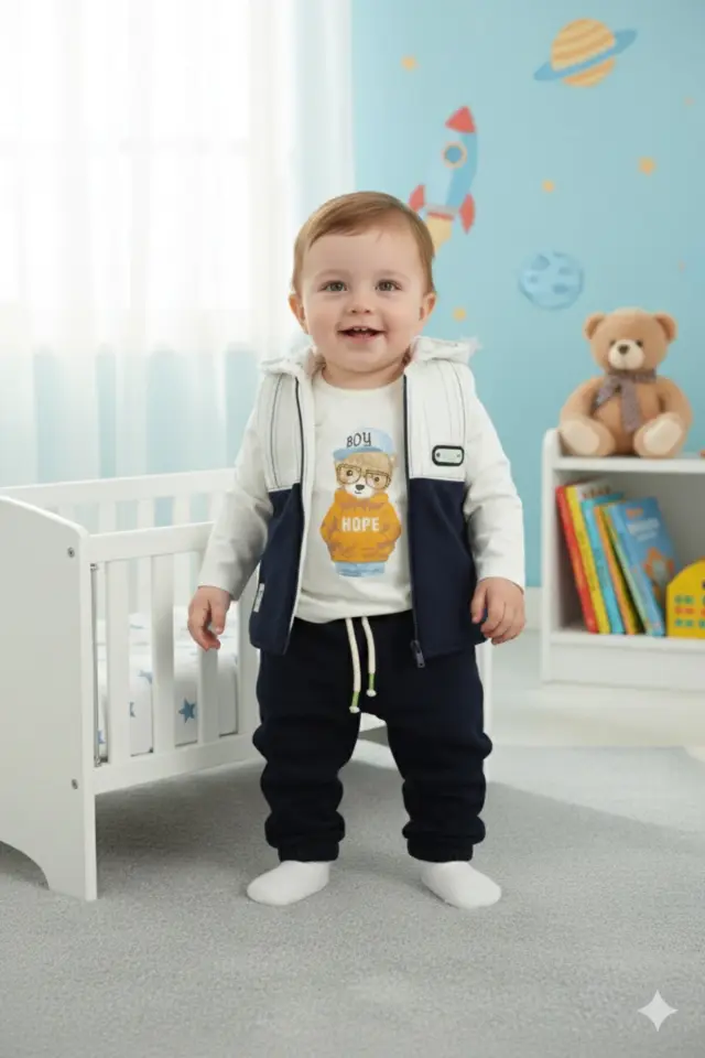 Erkek Bebek Lacivert Mont ve Jogger Pantolon 3'lü Takım (9-12-18 Ay) Seri - 1083-Lacivert