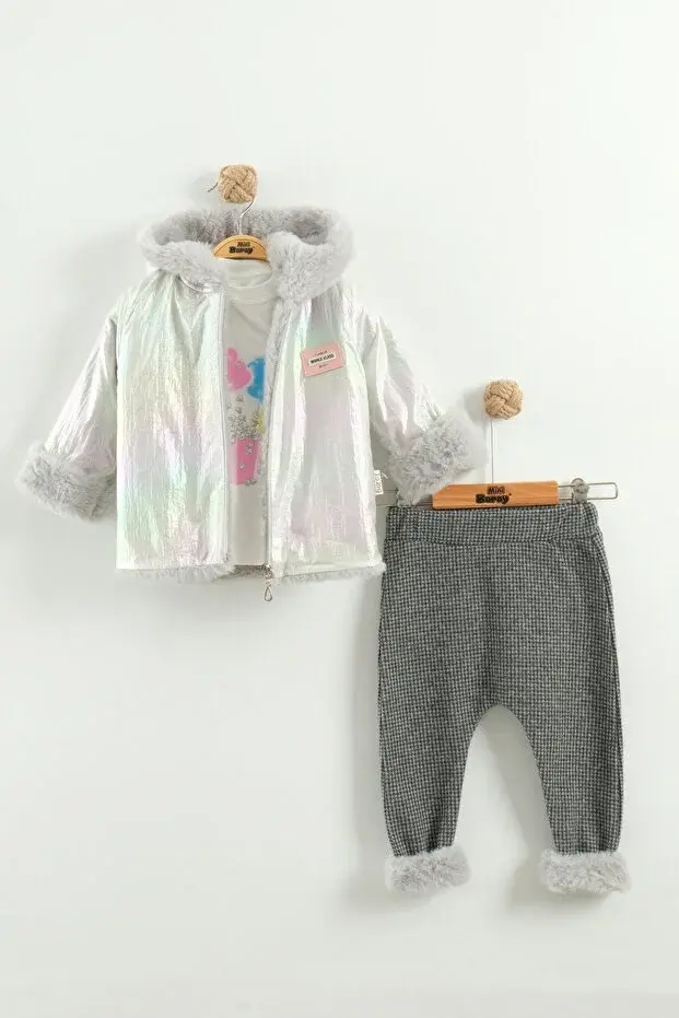 Kız Bebek Baskılı Sweatshirt, Pantolon ve Ceket 3'lü Takım (9-12-18 Ay) Seri -1019-Gri