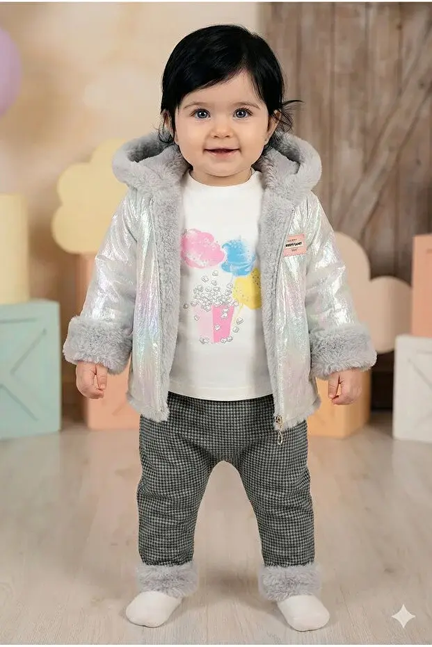 Kız Bebek Baskılı Sweatshirt, Pantolon ve Ceket 3'lü Takım (9-12-18 Ay) Seri -1019-Gri