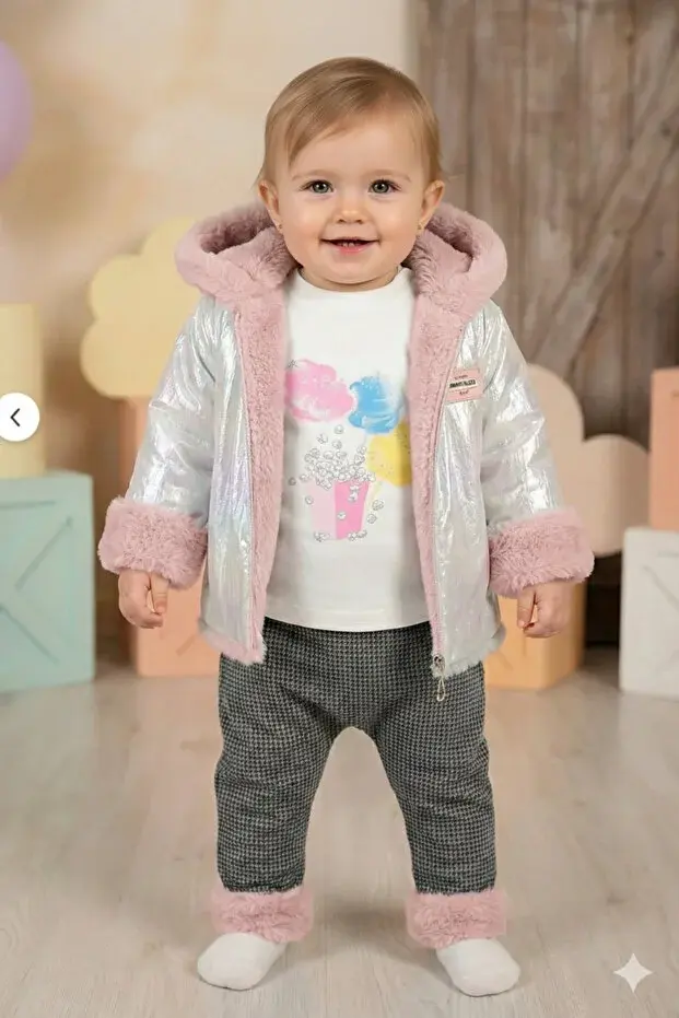 Kız Bebek Baskılı Sweatshirt, Pantolon ve Ceket 3'lü Takım (9-12-18 Ay) Seri -1019-Gülkurusu