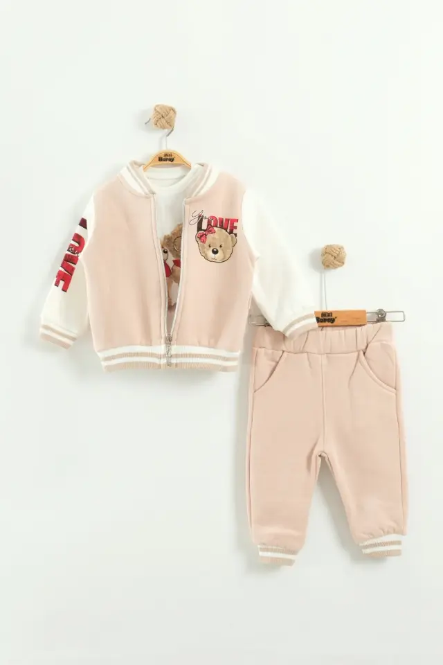 Kız Bebek Baskılı 3'lü Bej Eşofman Takımı (Sweatshirt, Pantolon, Ceket ) (9-12-18 Ay) Seri - 964-Bej