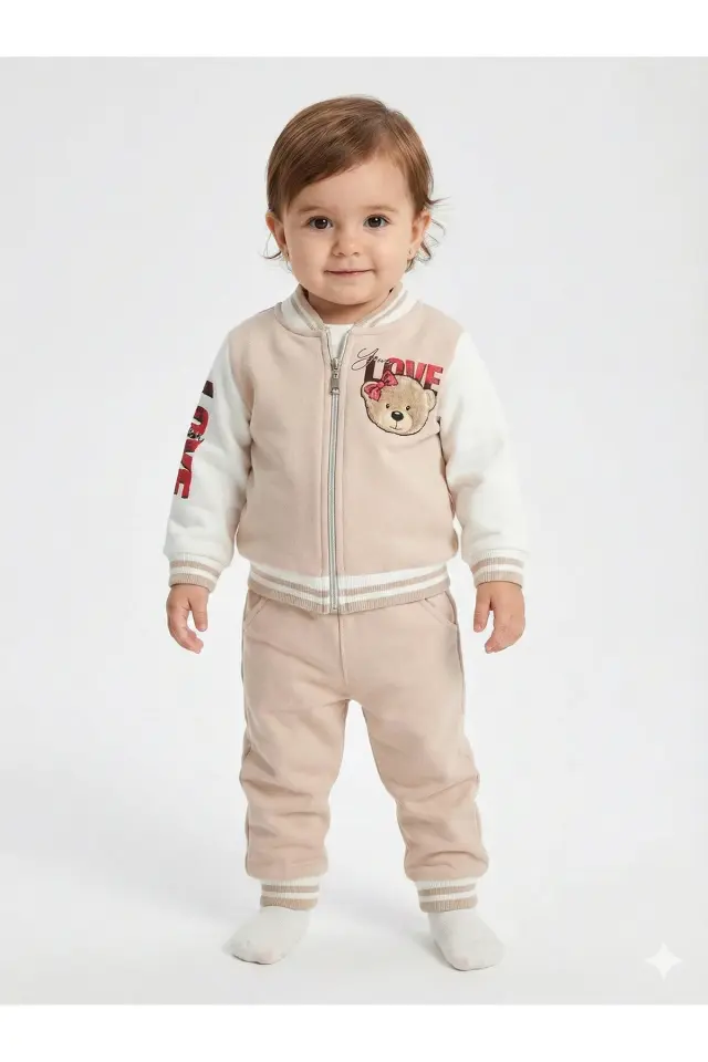 Kız Bebek Baskılı 3'lü Bej Eşofman Takımı (Sweatshirt, Pantolon, Ceket ) (9-12-18 Ay) Seri - 964-Bej