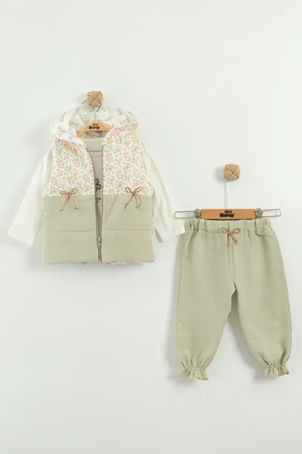 Kız Bebek Çiçek Desen Yelekli 3'lü Eşofman Takım (9-12-18 Ay) Seri -1084-Yeşil
