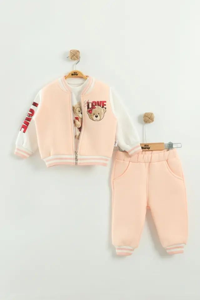 Kız Bebek Baskılı 3'lü Pudra Pembe Eşofman Takımı (Sweatshirt, Pantolon, Ceket ) (9-12-18 Ay) Seri - 964-Pudra Pembe
