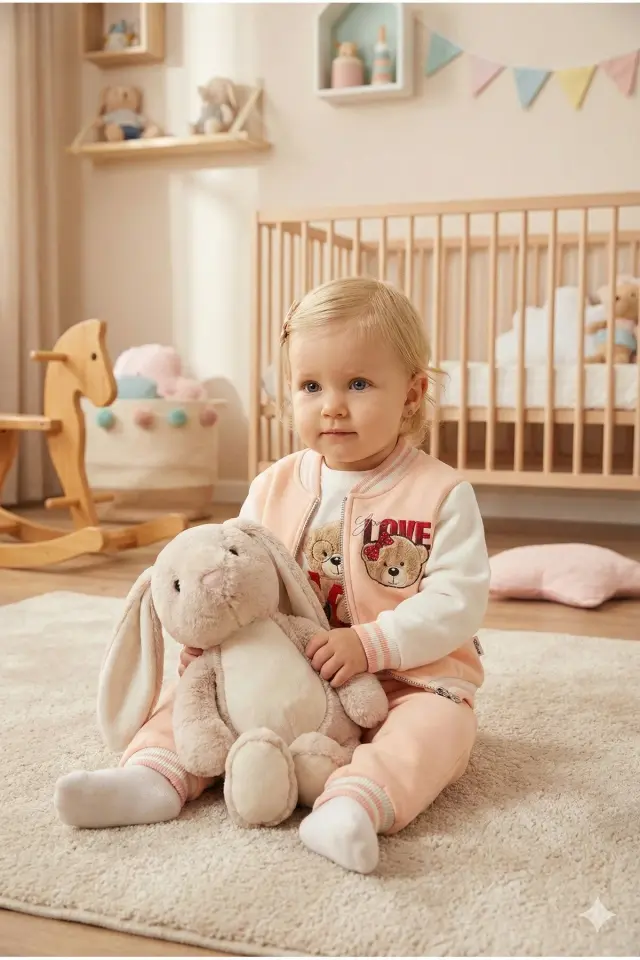 Kız Bebek Baskılı 3'lü Pudra Pembe Eşofman Takımı (Sweatshirt, Pantolon, Ceket ) (9-12-18 Ay) Seri - 964-Pudra Pembe