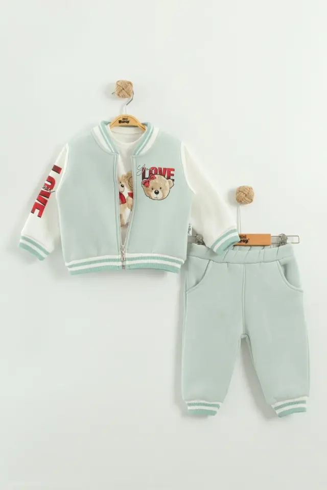 Kız Bebek Baskılı 3'lü Yeşil Eşofman Takımı (Sweatshirt, Pantolon, Ceket ) (9-12-18 Ay) Seri - 964-Yeşil