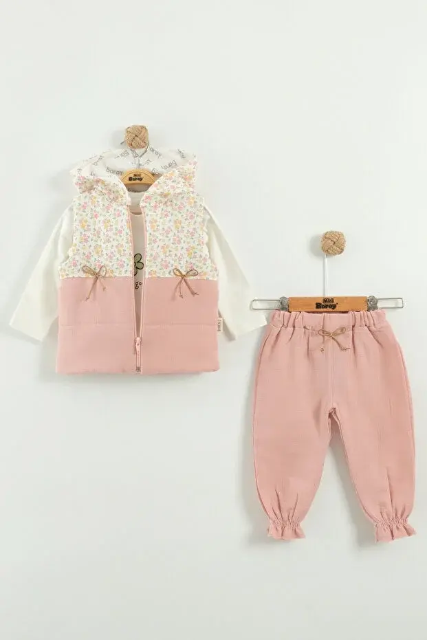 Kız Bebek Çiçek Desen Yelekli 3'lü Eşofman Takım (9-12-18 Ay) Seri -1084-Gülkurusu