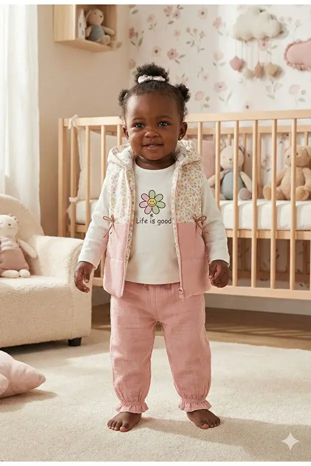 Kız Bebek Çiçek Desen Yelekli 3'lü Eşofman Takım (9-12-18 Ay) Seri -1084-Gülkurusu