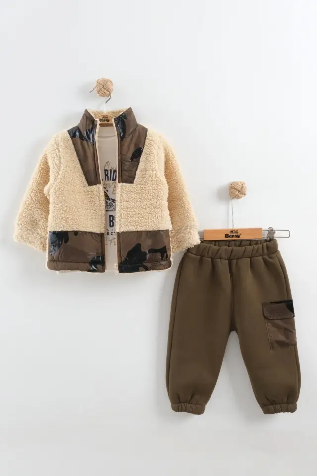 Erkek Bebek Kamuflaj Desen Peluş Eşofman 3'lü Takım (9-12-18 Ay) Seri - 1089-Haki