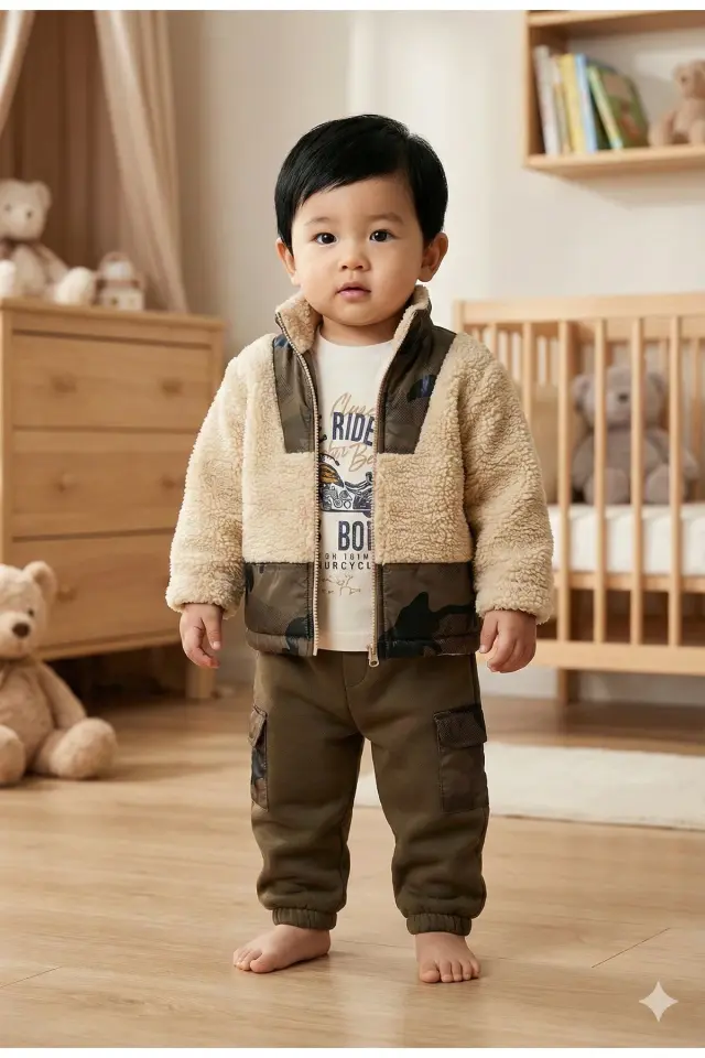 Erkek Bebek Kamuflaj Desen Peluş Eşofman 3'lü Takım (9-12-18 Ay) Seri - 1089-Haki