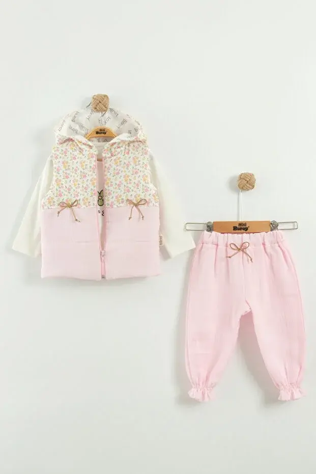 Kız Bebek Çiçek Desen Yelekli 3'lü Eşofman Takım (9-12-18 Ay) Seri -1084-Pembe