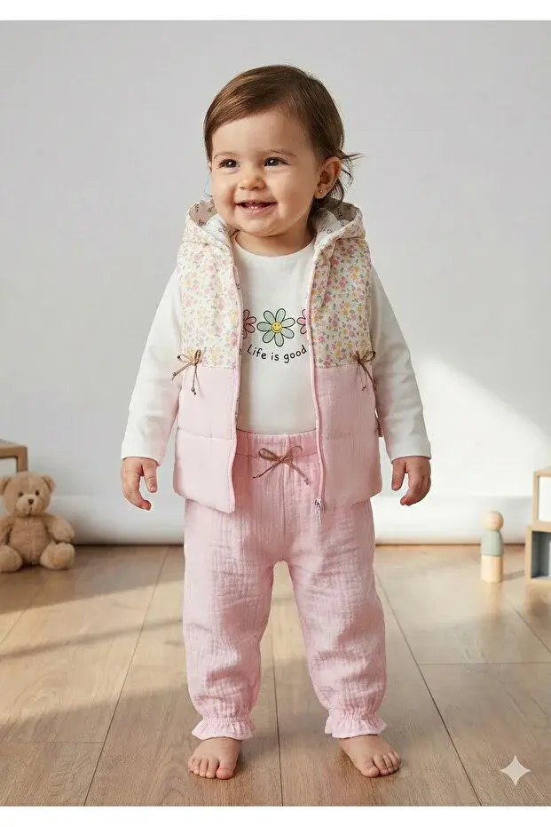 Kız Bebek Çiçek Desen Yelekli 3'lü Eşofman Takım (9-12-18 Ay) Seri -1084-Pembe