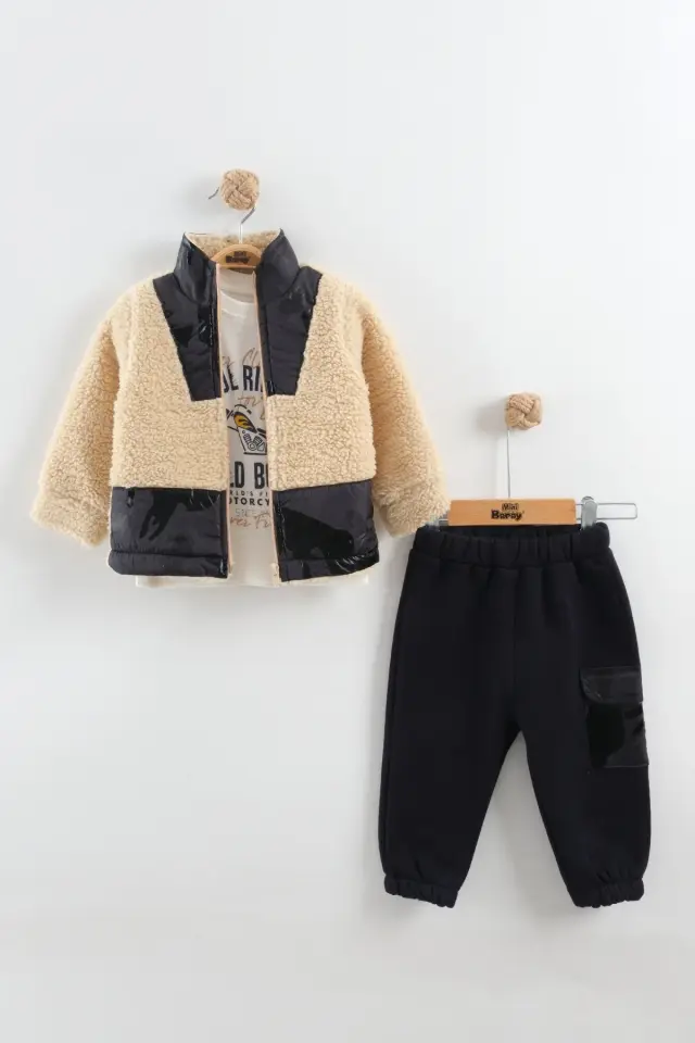 Erkek Bebek Kamuflaj Desen Peluş Eşofman 3'lü Takım (9-12-18 Ay) Seri - 1089-Siyah