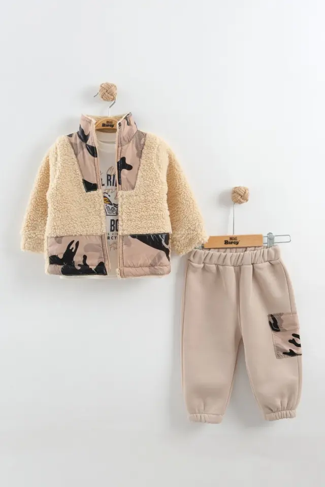 Erkek Bebek Kamuflaj Desen Peluş Eşofman 3'lü Takım (9-12-18 Ay) Seri - 1089-Krem