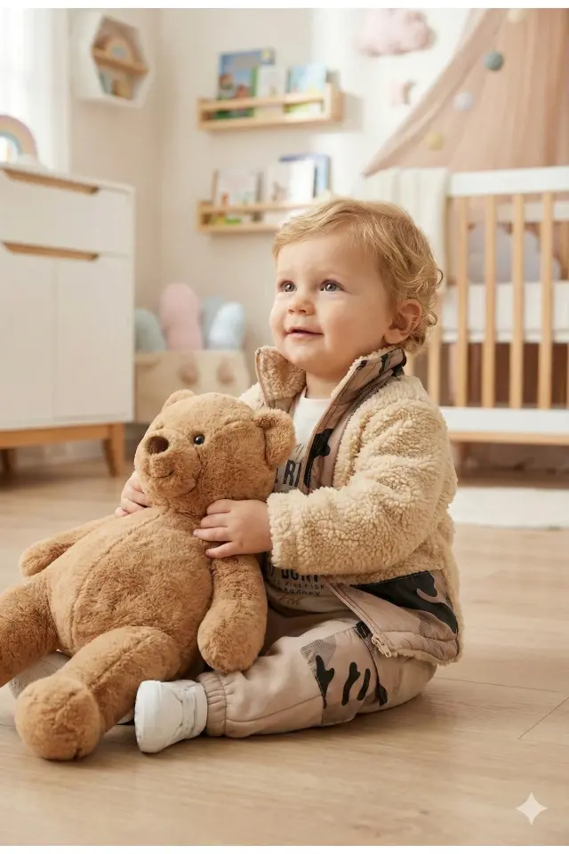 Erkek Bebek Kamuflaj Desen Peluş Eşofman 3'lü Takım (9-12-18 Ay) Seri - 1089-Krem