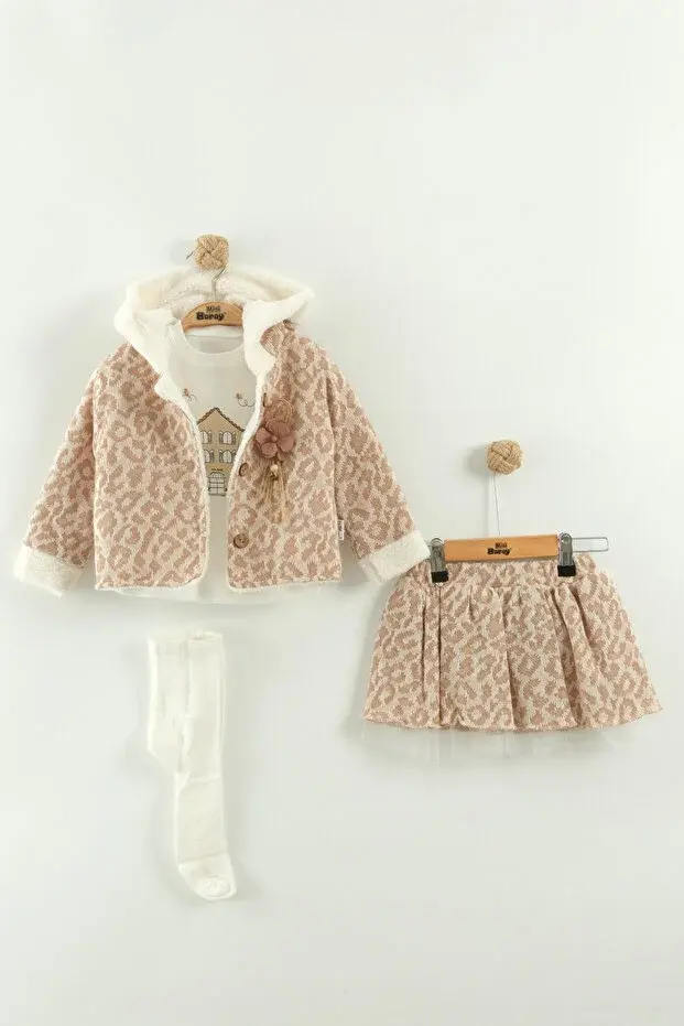 Kız Bebek Tişört, Etek ve Peluş Montlu 3’lü Takım (9-12-18 Ay) Seri -963-Somon