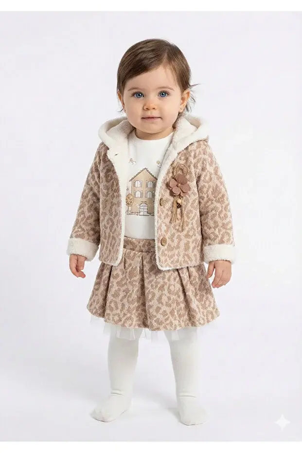 Kız Bebek Tişört, Etek ve Peluş Montlu 3’lü Takım (9-12-18 Ay) Seri -963-Somon