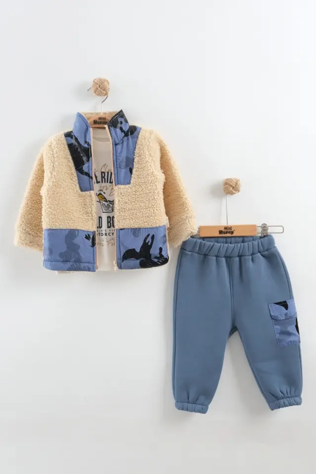 Erkek Bebek Kamuflaj Desen Peluş Eşofman 3'lü Takım (9-12-18 Ay) Seri - 1089-Mavi