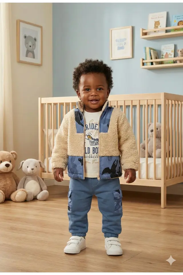 Erkek Bebek Kamuflaj Desen Peluş Eşofman 3'lü Takım (9-12-18 Ay) Seri - 1089-Mavi