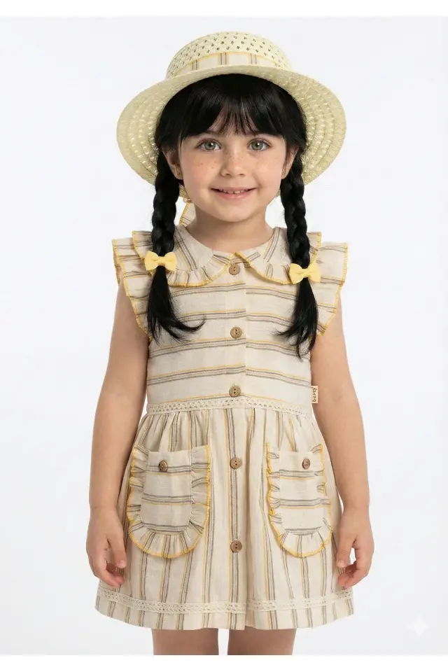 Kız Çocuk Fırfırlı Çizgili Elbise ve Şapka Takımı (1-2-3-4 Yaş) Seri - 1069-Hardal Sarı