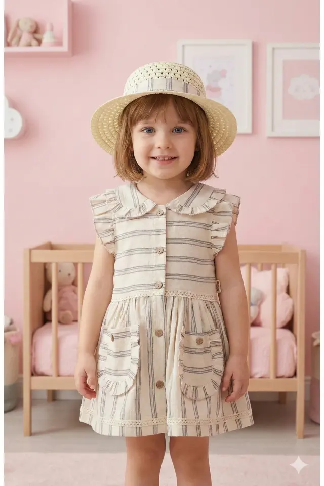Kız Çocuk Fırfırlı Çizgili Elbise ve Şapka Takımı (1-2-3-4 Yaş) Seri - 1069-Gri