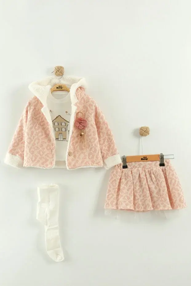 Kız Bebek Tişört, Etek ve Peluş Montlu 3’lü Takım (9-12-18 Ay) Seri -963-Pembe