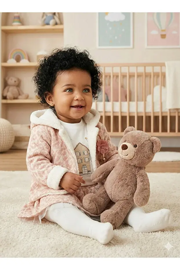 Kız Bebek Tişört, Etek ve Peluş Montlu 3’lü Takım (9-12-18 Ay) Seri -963-Pembe