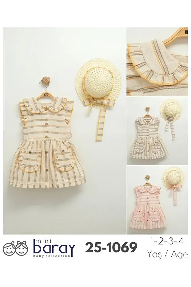 Kız Çocuk Fırfırlı Çizgili Elbise ve Şapka Takımı (1-2-3-4 Yaş) Seri - 1069-Pembe