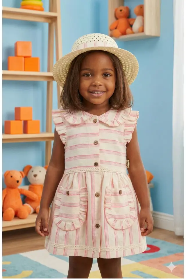 Kız Çocuk Fırfırlı Çizgili Elbise ve Şapka Takımı (1-2-3-4 Yaş) Seri - 1069-Pembe
