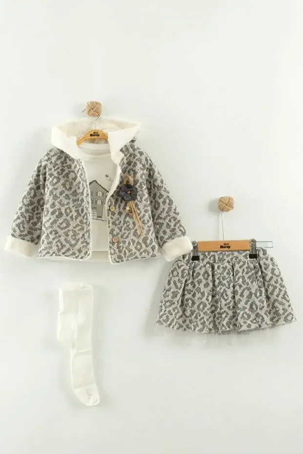 Kız Bebek Tişört, Etek ve Peluş Montlu 3’lü Takım (9-12-18 Ay) Seri -963-Gri