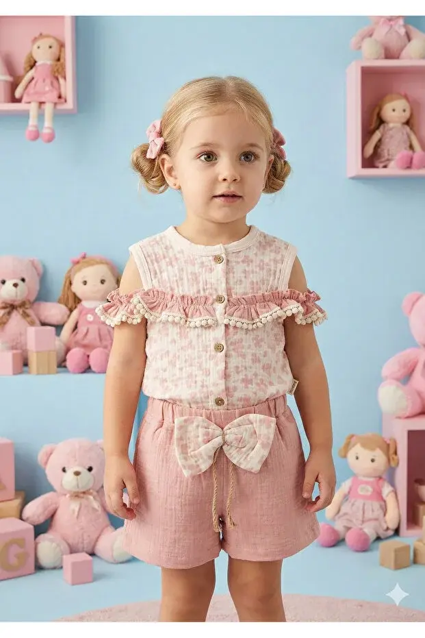 Kız Çocuk Çiçekli Bluz ve Fiyonklu Şort Takım (2-3-4-5 Yaş) Seri -1078-Gülkurusu