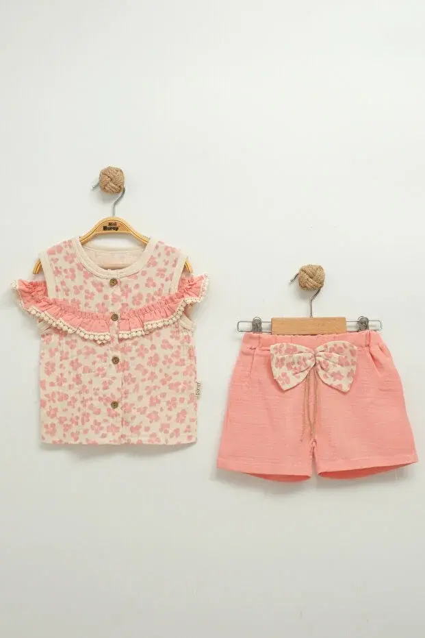 Kız Çocuk Çiçekli Bluz ve Fiyonklu Şort Takım (2-3-4-5 Yaş) Seri -1078-Pembe