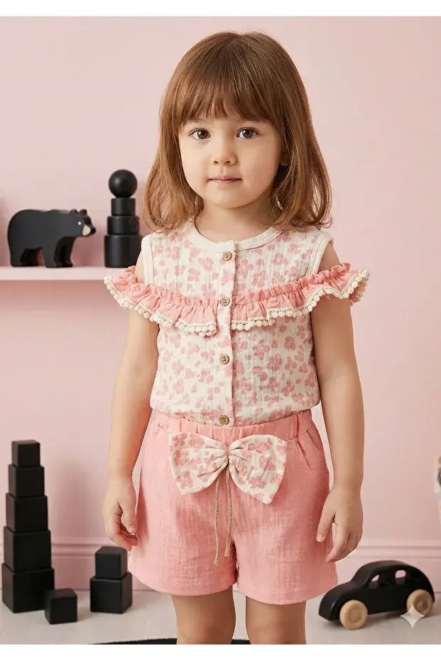 Kız Çocuk Çiçekli Bluz ve Fiyonklu Şort Takım (2-3-4-5 Yaş) Seri -1078-Pembe