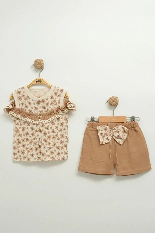 Kız Çocuk Çiçekli Bluz ve Fiyonklu Şort Takım (2-3-4-5 Yaş) Seri -1078-Bej