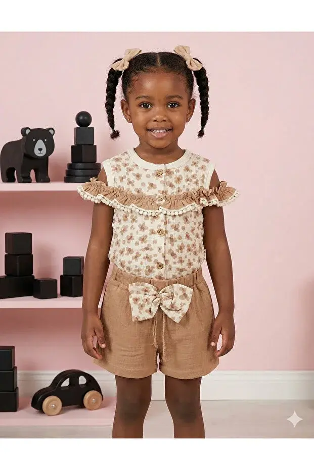 Kız Çocuk Çiçekli Bluz ve Fiyonklu Şort Takım (2-3-4-5 Yaş) Seri -1078-Bej