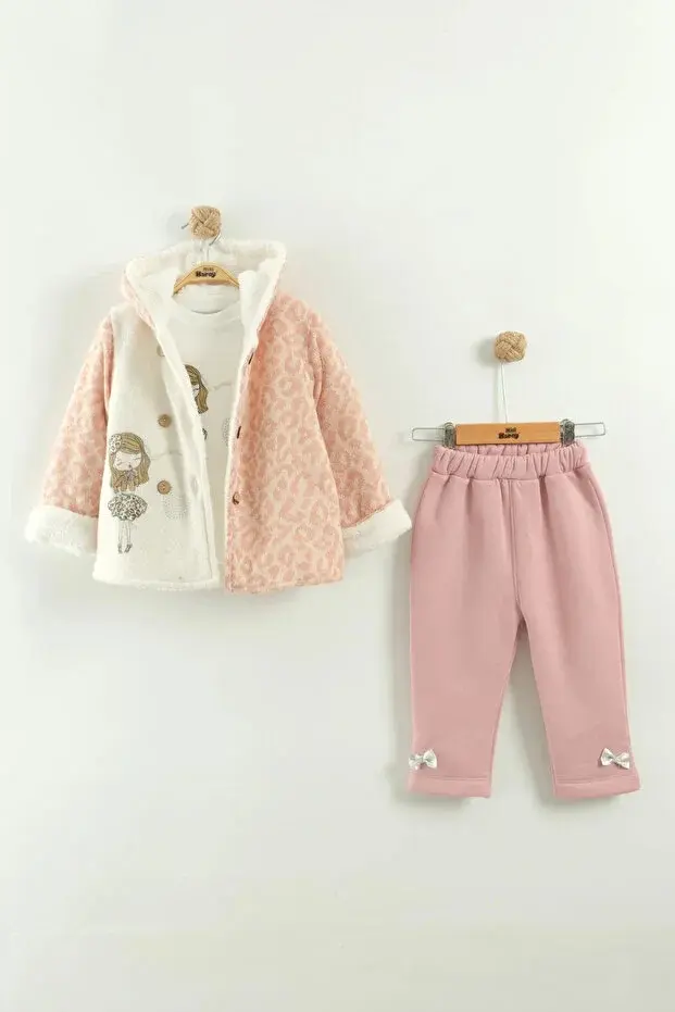 Kız Çocuk Peluş Kaban ve Pantolon Takım (1-2-3 Yaş) Seri - 1126-Somon Pembe