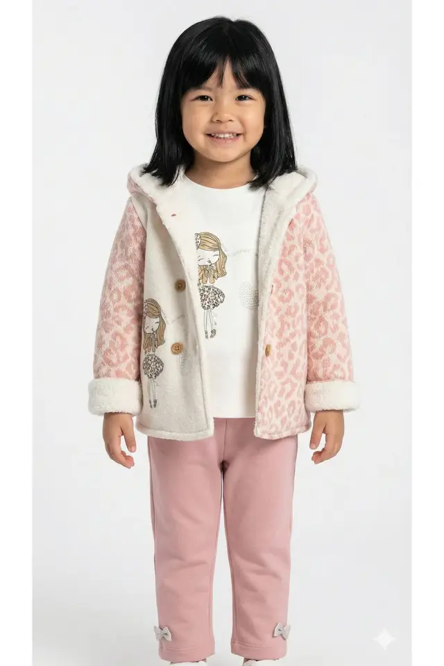 Kız Çocuk Peluş Kaban ve Pantolon Takım (1-2-3 Yaş) Seri - 1126-Somon Pembe