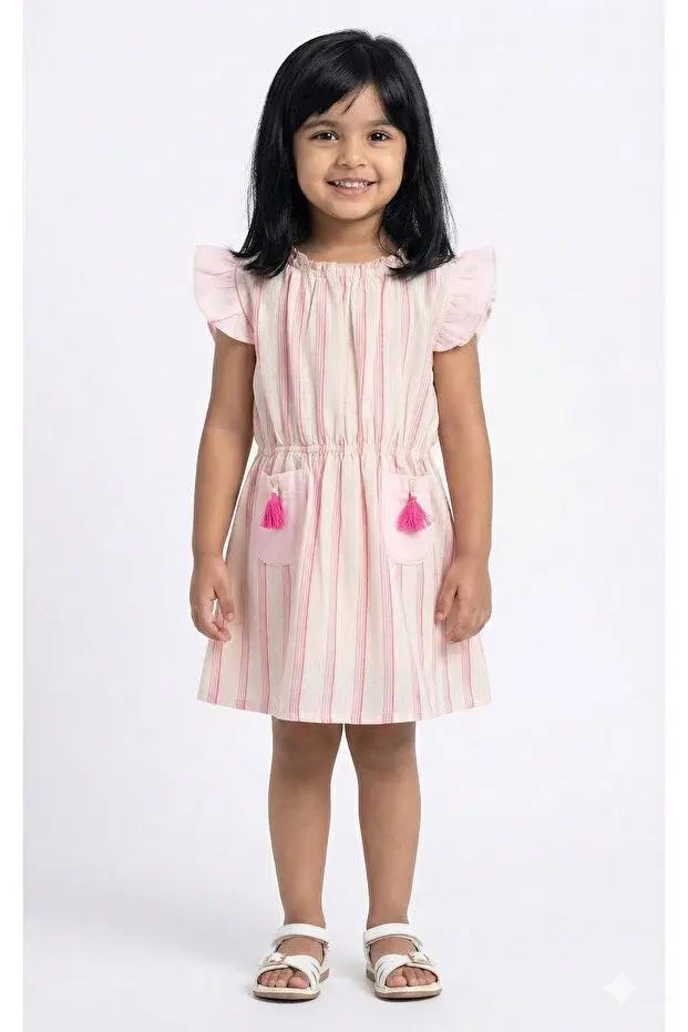 Püsküllü Cepli Kız Elbise(1-2-3-4 Yaş) Seri -851-Pembe