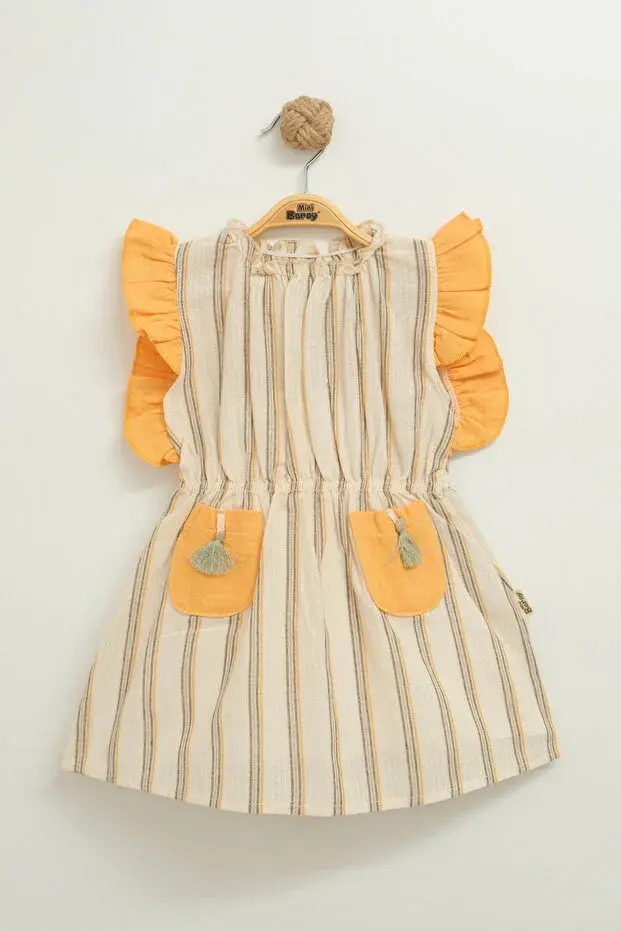Püsküllü Cepli Kız Elbise(1-2-3-4 Yaş) Seri -851-hardal Sarı