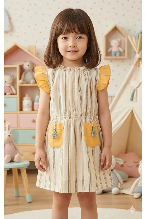 Püsküllü Cepli Kız Elbise(1-2-3-4 Yaş) Seri -851-hardal Sarı