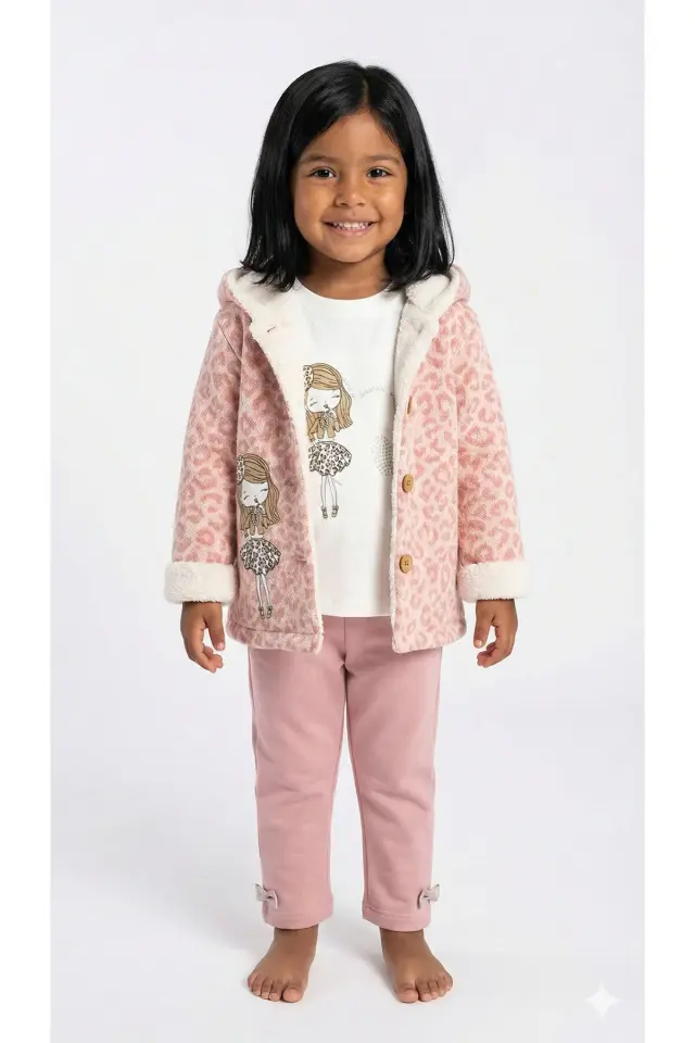 Kız Çocuk Peluş Kaban ve Pantolon Takım (1-2-3 Yaş) Seri - 1126-Bej