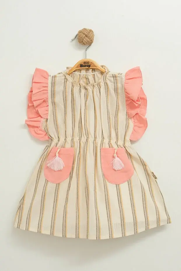 Püsküllü Cepli Kız Elbise(1-2-3-4 Yaş) Seri -851-somon