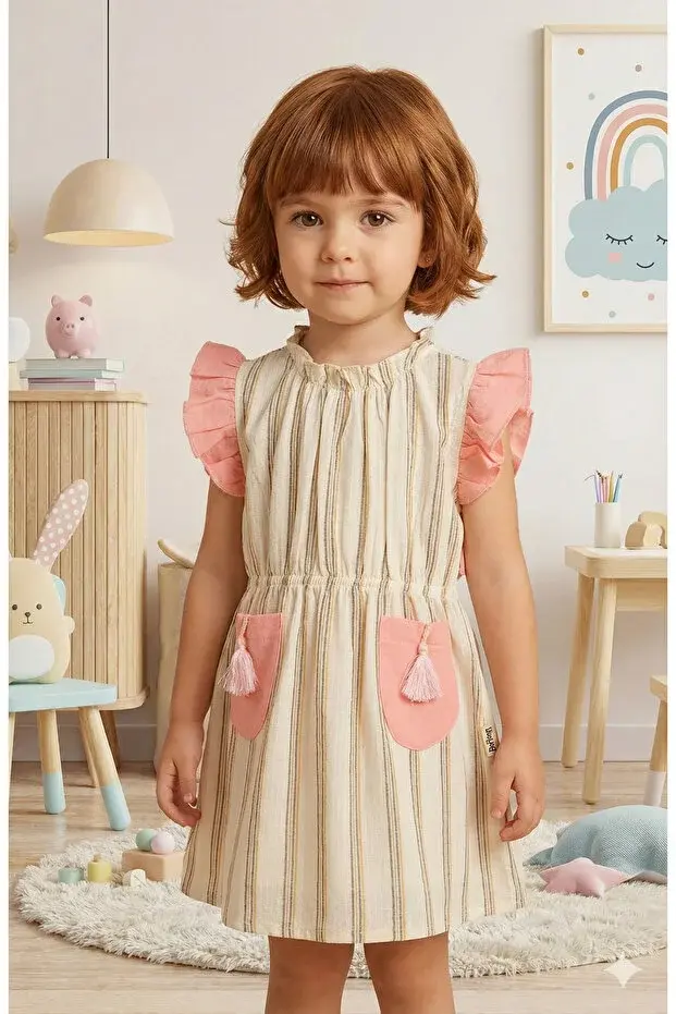 Püsküllü Cepli Kız Elbise(1-2-3-4 Yaş) Seri -851-somon
