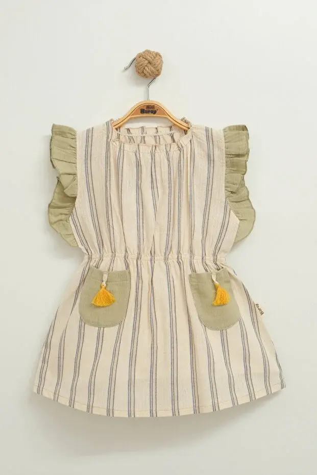 Püsküllü Cepli Kız Elbise(1-2-3-4 Yaş) Seri -851-Yeşil