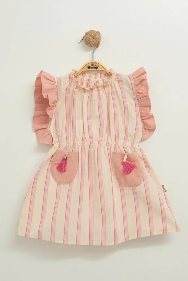 Püsküllü Cepli Kız Elbise(1-2-3-4 Yaş) Seri -851-gülkurusu